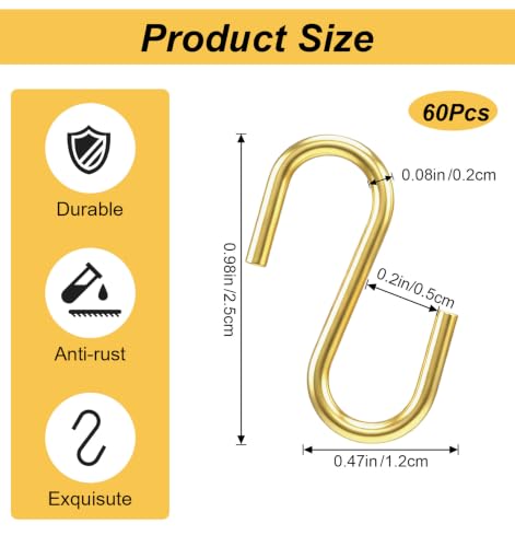 60-Pack Mini Gold S Hooks - 1 Inch Rust-Resistant Metal Storage Hooks