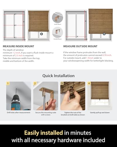 Cordless Bamboo Roman Shades 34.5x64 in | Eco-Friendly Light Blocking Blinds