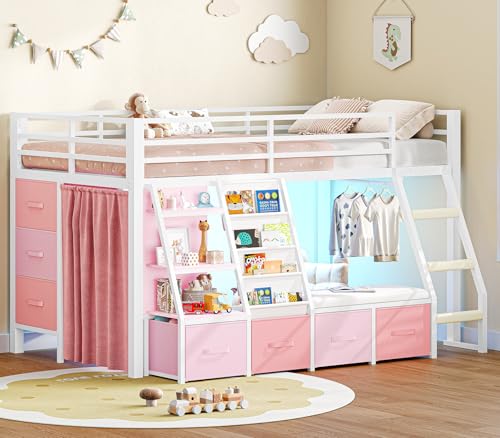 Kids Loft Bed with Storage Drawers, Reading Nook & LED Lights, White & Pink