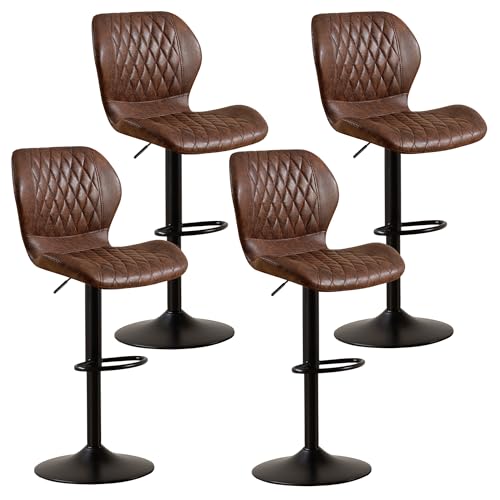 Set of 4 Swivel Bar Stools, Adjustable Counter Height Kitchen Chairs, Brown