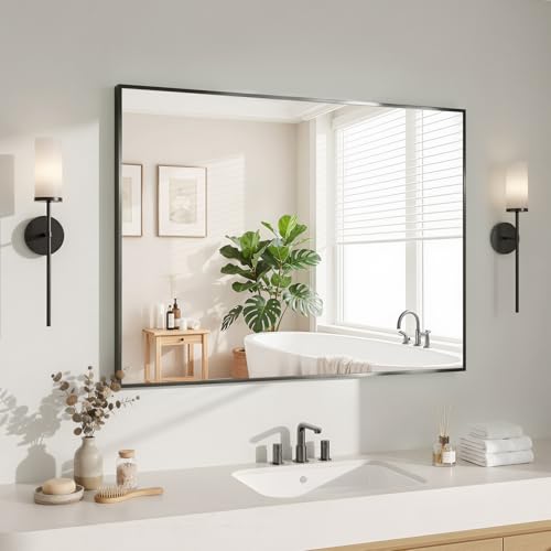 30x40 Inch Rectangular Wall Mirror, Modern Black Aluminum Frame Mirror