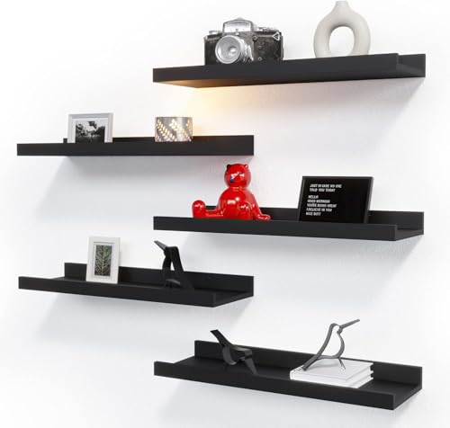 Black Floating Shelves with Lip - Set of 5 16-Inch Wall Mounted Picture Ledge