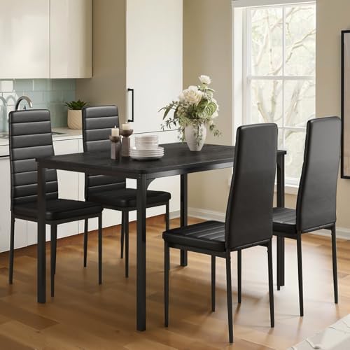 Gizoon 5-Piece Dining Table Set for 4 with Black PU Chairs – Modern Kitchen Furniture