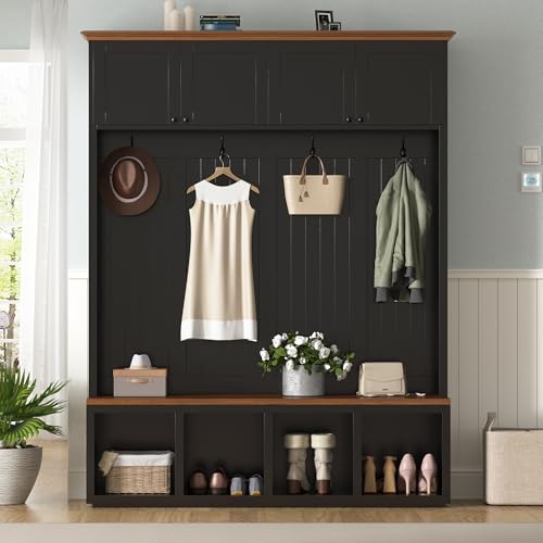 Rustic Farmhouse 59-Inch Entryway Hall Tree with Shoe Storage Bench and Hooks