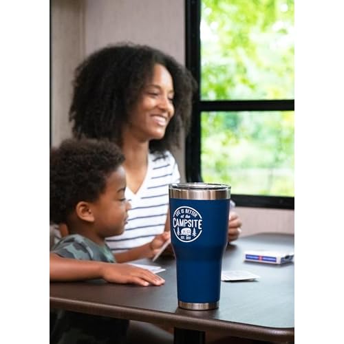 Camco Life is Better at The Campsite Tumbler | Heavy Duty Double Wall Vacuum Insulation | Crafted of 18/8 Stainless Steel | Unique ¡°Life is Better at The Campsite¡± Design on Navy | 30-oz (53324)