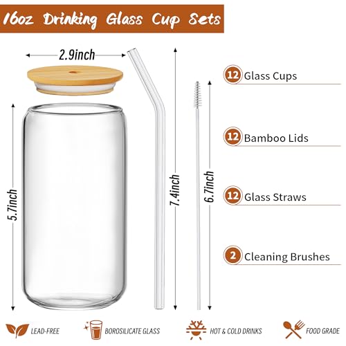 12-Piece 16oz Can Shaped Glass Cup Set with Bamboo Lids and Straws