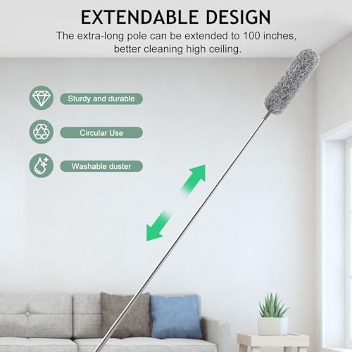Extendable Microfiber Duster with 100-Inch Pole - Bendable & Washable