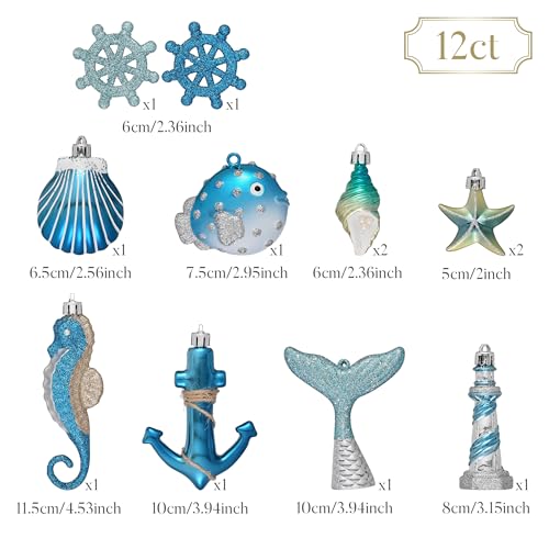 12-Piece Shatterproof Coastal Beach Tree Ornaments - Ocean Theme Decor