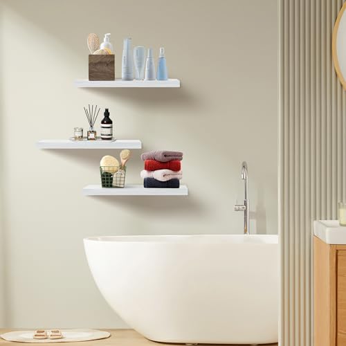 White Floating Shelves - 16-Inch Wall Mounted Display Shelves, Set of 3