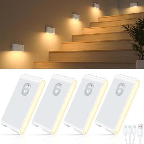 Rechargeable Motion Sensor LED Stair Lights - Warm White Night Light (4-Pack)