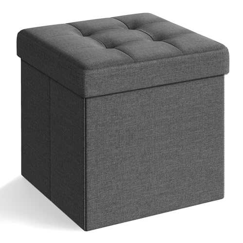 Foldable Storage Ottoman Cube - 15-Inch Tufted Footrest Stool, Dark Gray