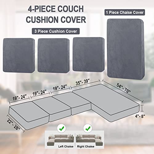 L-Shape Sectional Couch Cover Set - 4-Piece Velvet Slipcovers with Pillowcases - Dark Grey