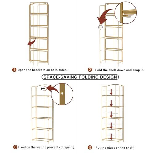 5-Tier Foldable Bookshelf, Gold Metal Frame & Transparent Shelves