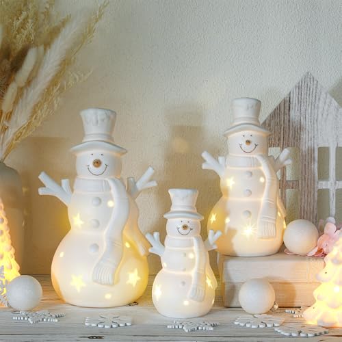 Modern 3 Pack LED Ceramic Snowman Figurines - Battery Operated Holiday Decor