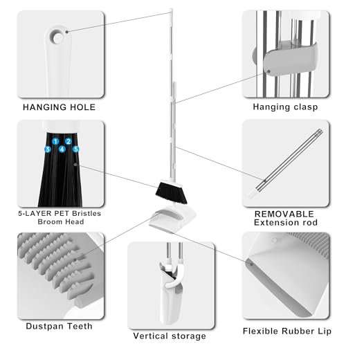 Broom and Dustpan Set with 52" Adjustable Handle & Dustpan Comb, White