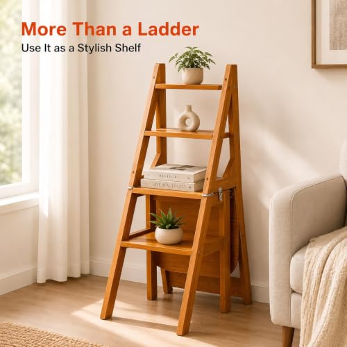 4-Tier Wooden Folding Step Ladder Chair, Multi-Function Step Stool