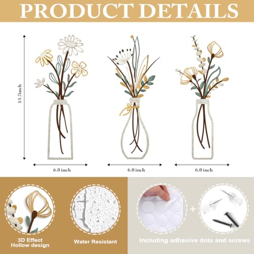 3-Piece Metal Flower Wall Art Set, Minimalist Boho Farmhouse Decor