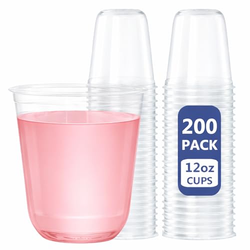 WELLIFE 12 oz Clear Plastic Cups, 200 Pcs Disposable Wine Glasses Stemless Cocktail Punch Cups for Cold Drinking Wedding Party Supplies Birthdays Valentine's Day Easter