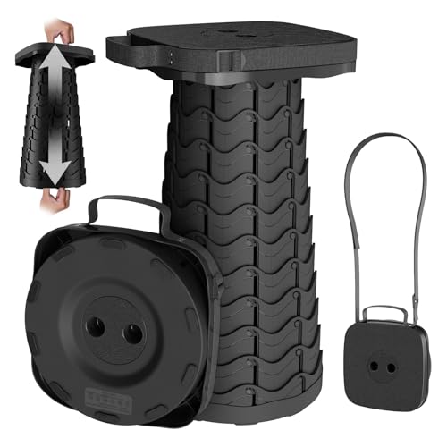 Portable Folding Stool, Telescoping Collapsible Seat - 485lb Capacity, Black