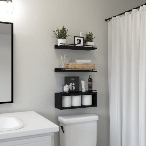 Floating Shelves with Cube Shelf and Metal Rail for Wall Storage Black