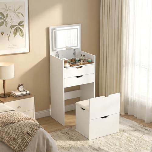 Compact 3-in-1 Makeup Vanity Table with LED Mirror, Storage & Stool