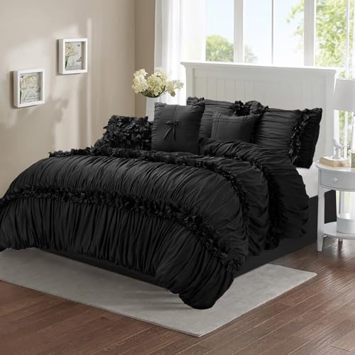 7-Piece Queen Black Ruched Comforter Set with Handmade Bow Ties