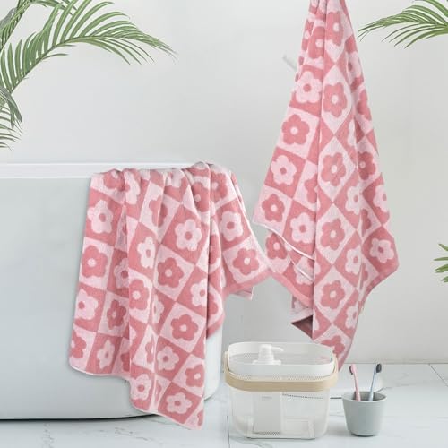 2-Piece Checkered Floral Bath Towel Set, Soft Cotton Shower Towels 27.5x55