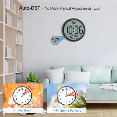 8-Inch Atomic Wall Clock with Smart Backlight, Indoor Temperature and Date