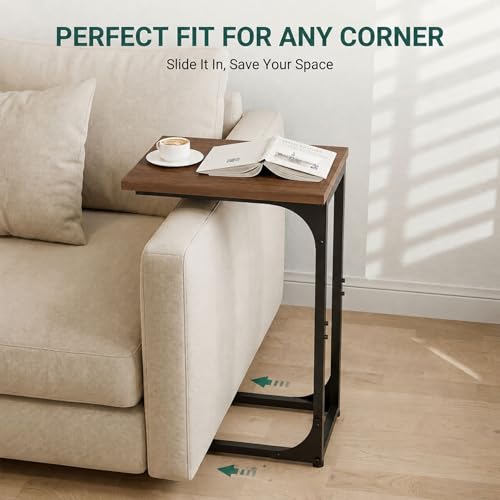 TEMI C Shaped End Table for Couch - Rustic Walnut, No Power Outlets, Space-Saving Side Table for Living Room or Bedroom - Set of 1