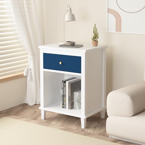 Modern Wooden Nightstand with Drawer and Shelf, White Bedside Table