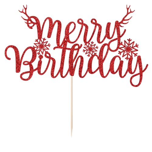 Red Merry Birthday Cake Topper Glitter Decor - AROKIPPRY Xmas Theme