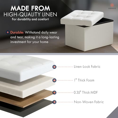 Small Storage Ottoman - Collapsible Linen Footrest Stool, White (12x16x12)