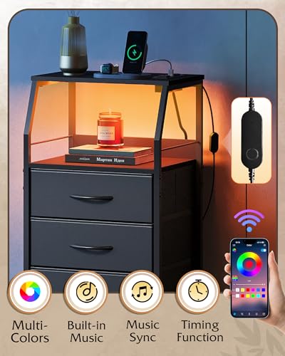 5-Drawer LED Nightstand with Charging Station and Open Shelves