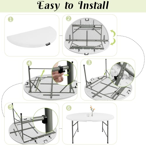 5ft Round Folding Table, Portable Fold-in-Half Plastic Picnic Table