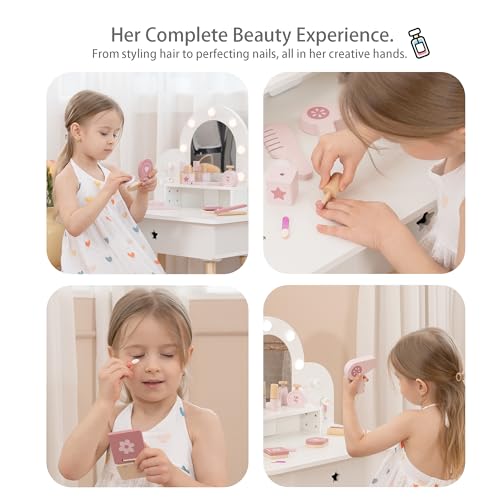Kids Wooden Vanity Set with Lighted Mirror and 11 Makeup Accessories