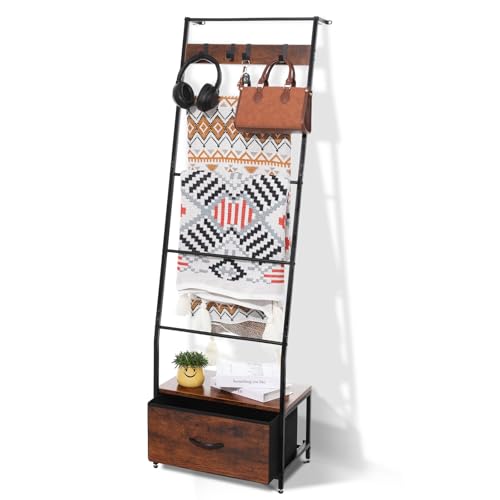 5-Tier Metal Blanket Ladder with Storage Drawer and Hooks, 63-Inch