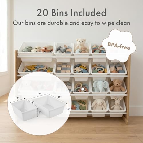 4-Tier Kids Toy Organizer with 20 Removable Bins - Sturdy Wood Storage Shelf