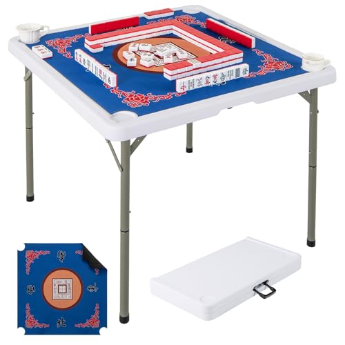 35" Square Folding Mahjong Table with Cup Holders and Non-Slip Mat