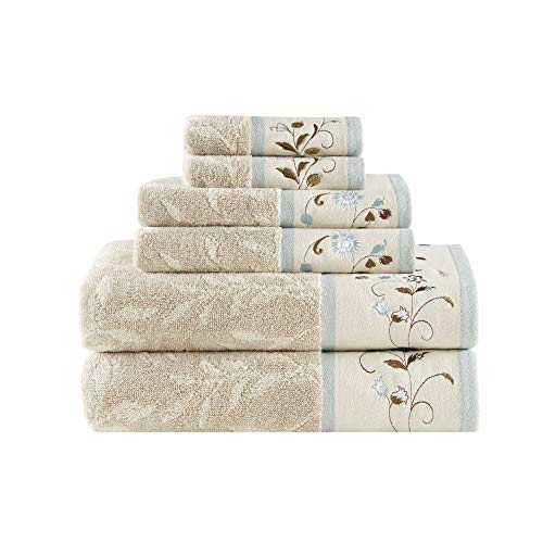 6-Piece Floral Embroidered Cotton Jacquard Bath Towel Set, Blue