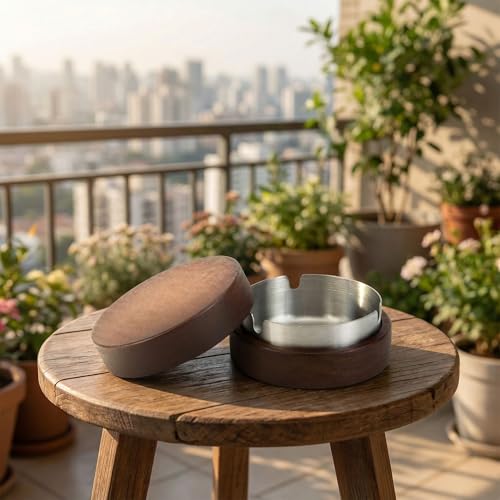 2-Pack Wooden Ashtray with Lid - Smokeless Stainless Steel Outdoor Tray