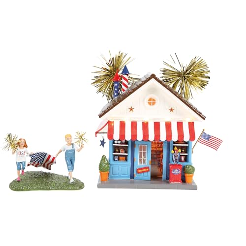 Light-Up Fireworks Building & Figurine Set, Patriotic Village Decor, 7-Inch