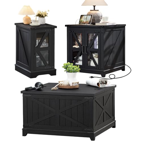3-Piece Farmhouse Coffee Table Set with Hidden Storage and Barn Doors