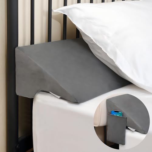 King Bed Wedge Pillow for Headboard Gap Filler - High-Density Foam with Pockets, Removable Cover, Gray, 60"x10"x6"