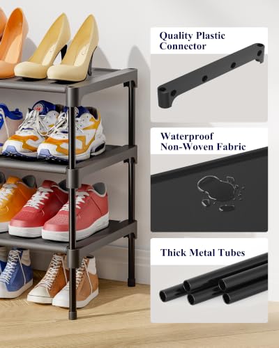 Kitsure 3-Tier Stackable Shoe Rack - 27.5" Wide Black Metal & Fabric Shelf
