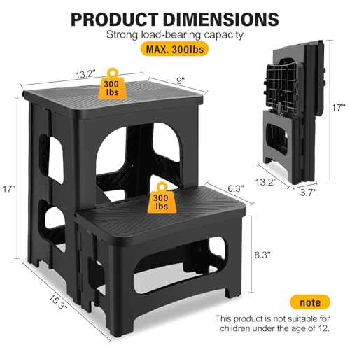 2-Step Folding Stool for Adults, Portable Non-Slip Collapsible Footstool