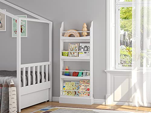 Wall-Mounted Montessori Kids Bookshelf - 4-Shelf Wooden Book Rack, White