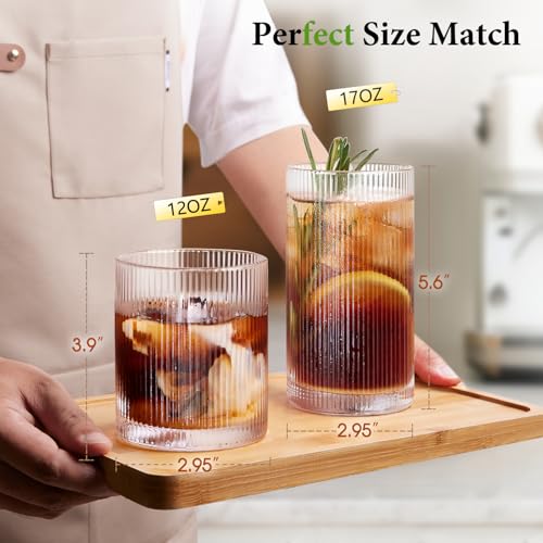 8-Piece Ribbed Glassware Set, 17oz Highball and 12oz Rocks Drinking Glasses