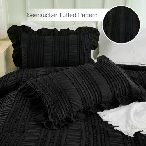 Black King Comforter Set, 3-Piece Ruffle Seersucker Textured Bedding Set