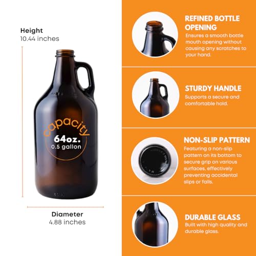 64 oz Amber Glass Growlers - 6 Pack Half Gallon Jugs with Poly Seal Caps