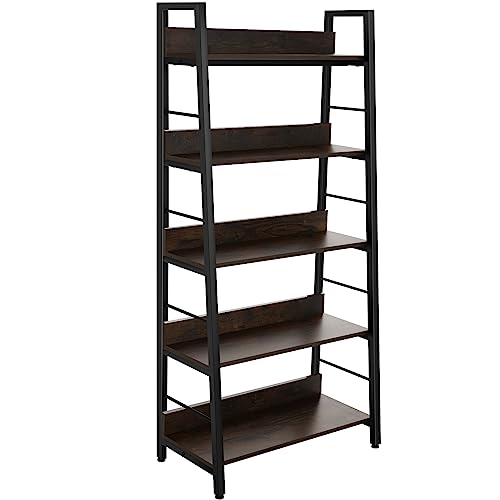 5-Tier Rustic Industrial Ladder Bookshelf, Wooden Storage Display Shelf